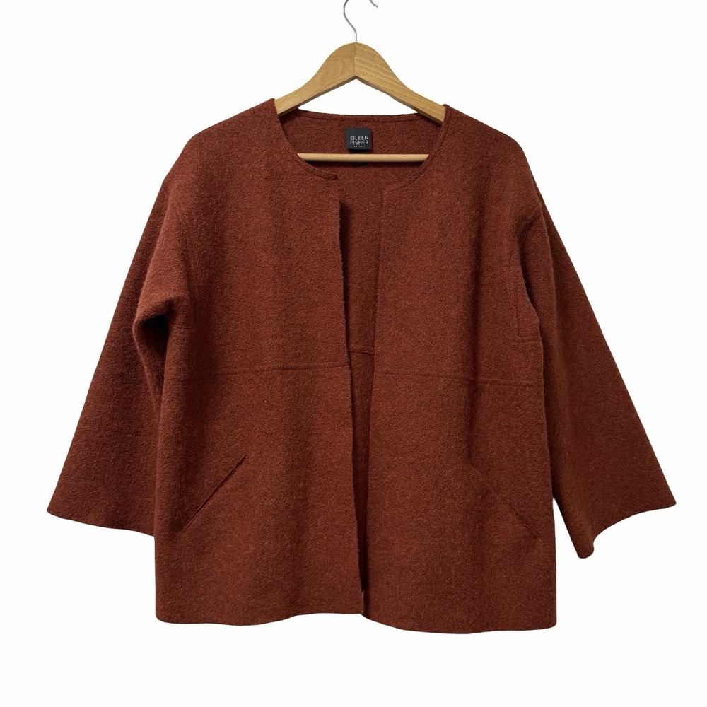 Eileen Fisher Womens Alpaca Wool Open Front Jacket Size LP Rust Orange Lagenlook